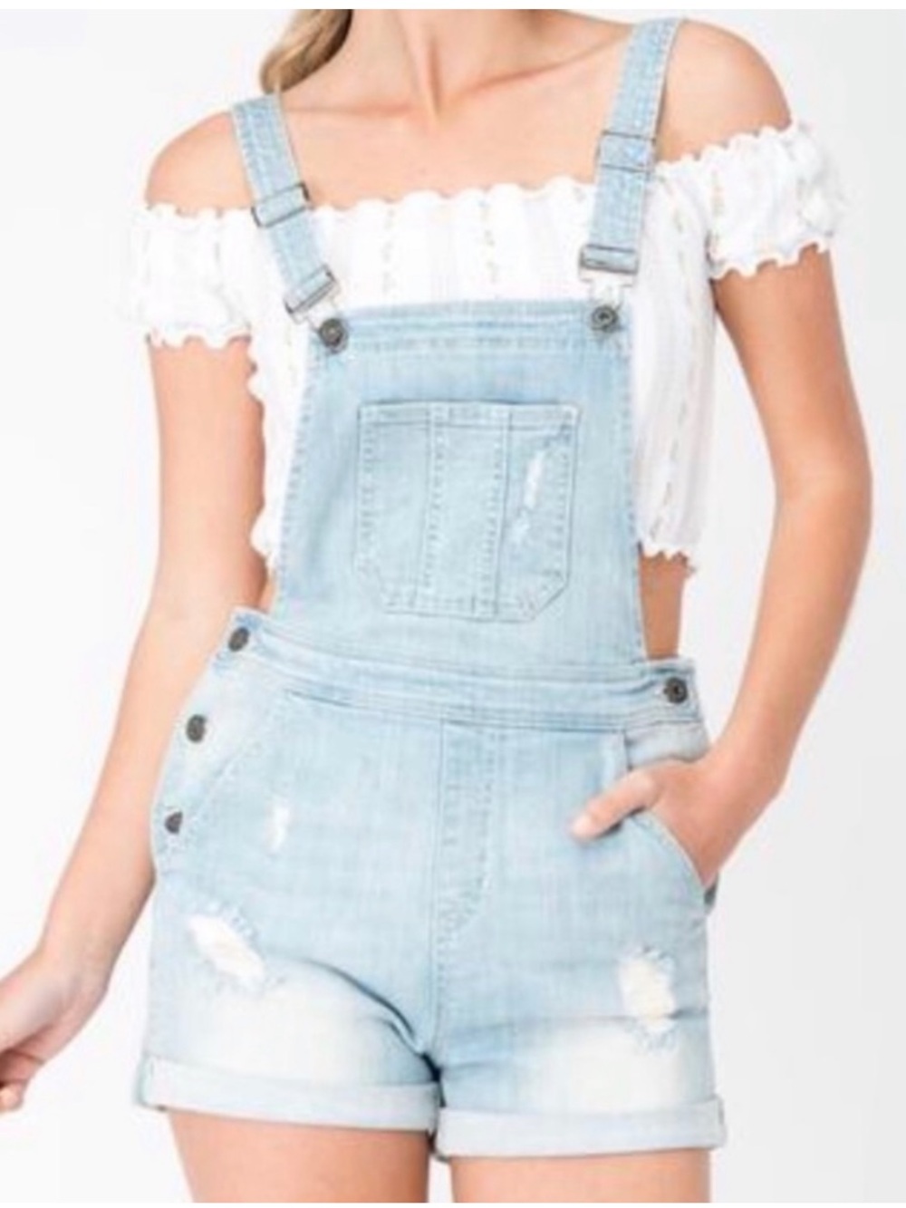 Vici Light Blue Distressed Denim Short Overalls